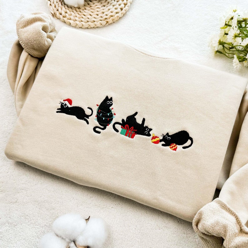 Embroidered Christmas Cat Sweatshirt: Funny Holiday Hoodie, 100% Cotton Unisex Sweatshirt